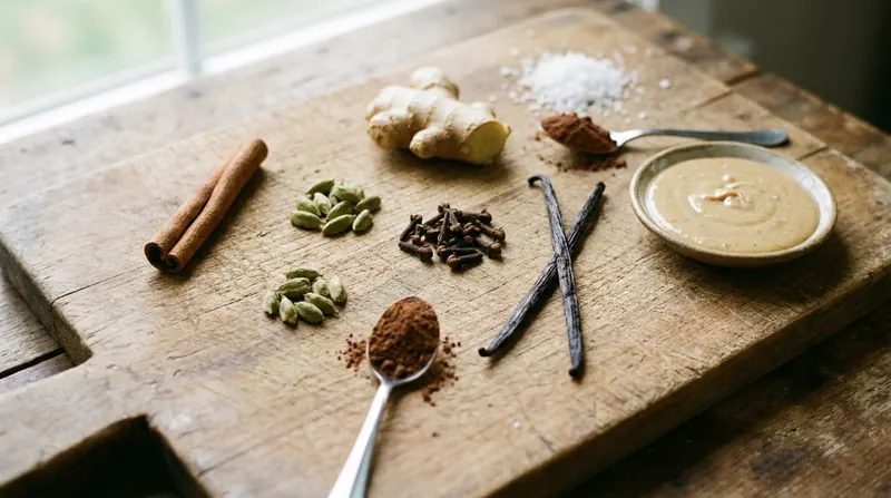 Whole spices, a vanilla pod, cocoa, sea salt and a dish of pale nut butter laid out on a wooden board