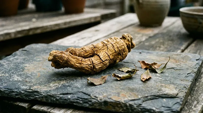 A gnarled dried golden root lying on weathered grey slate beside a few dried leaves