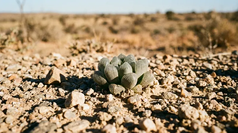 A small grey-green succulent with fat leaves growing in dry sand and gravel under hard sunlight
