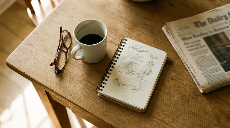 A kitchen table with a half-drunk mug of coffee, folded reading glasses and an open pocket notebook