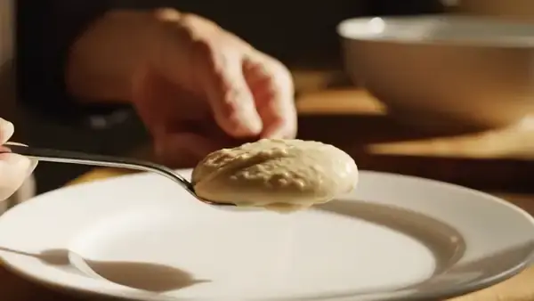 A thick ribbon of pale paste settling and slowly spreading on a metal teaspoon