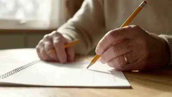 A pencil circling a date about two months ahead on a plain paper calendar lying on a kitchen table