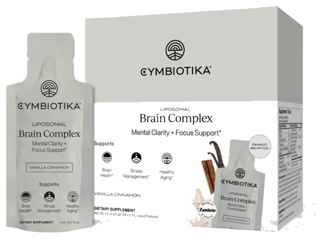 The carton and a single sachet of Cymbiotika Liposomal Brain Complex, from the seller's own photograph